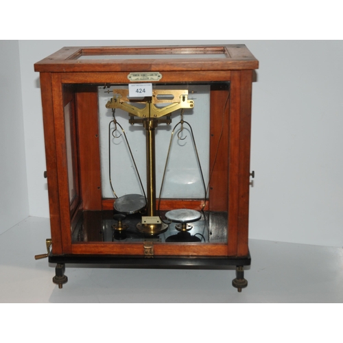 424 - A balance scale by Thomson, Skinner & Hamilton in glazed case, 37cm wide