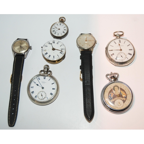 428 - Three white-metal pocket watches, fob watch, watch face and two wristwatches 