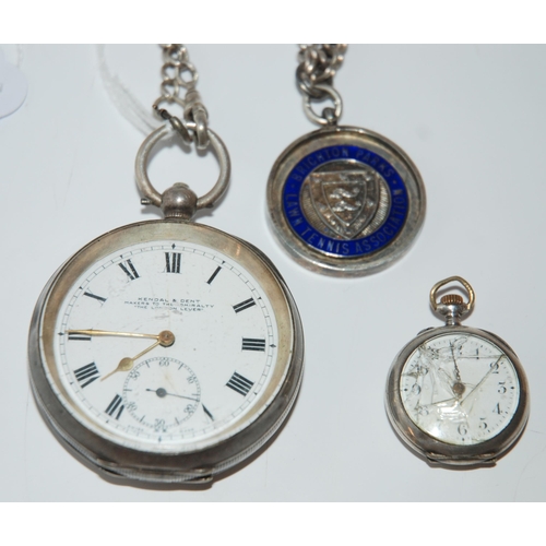 430 - A silver cased pocket watch by Kendal & Dent, watch chain, silver and enamel tennis medal, 1939 ... 