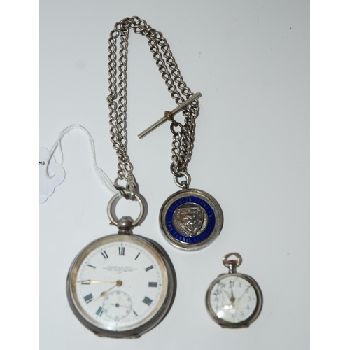 430 - A silver cased pocket watch by Kendal & Dent, watch chain, silver and enamel tennis medal, 1939 ... 