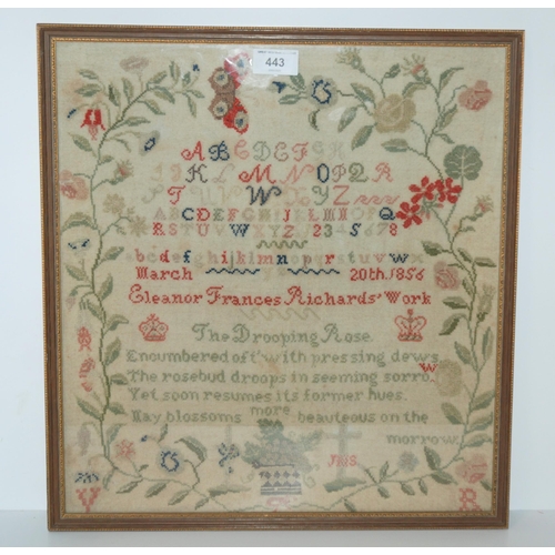 443 - A Victorian alphabet and verse sampler by Eleanor Frances Richards, dated 1856, framed and glazed, 4... 