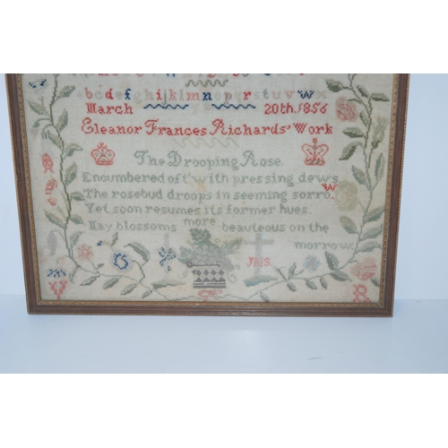 443 - A Victorian alphabet and verse sampler by Eleanor Frances Richards, dated 1856, framed and glazed, 4... 