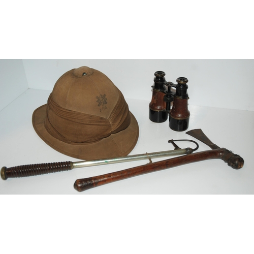 444 - A pith helmet the interior inscribed in ink Lt Jardine, Royal Scots, dated 1915, gaff, tribal axe an... 