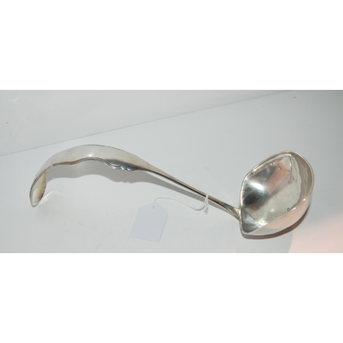 742 - A Dutch silver soup ladle, curving stem with rounded square bowl, 28cm long, 122 grams