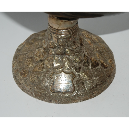 760 - A silver-mounted horn trophy, Birmingham marks, the base with shield plaque, inscribed 