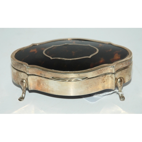 764 - A silver jewellery box with hinged tortoiseshell inset cover, rubbed marks, 11.5cm wide