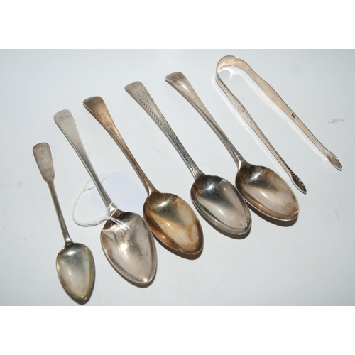 765 - Three silver dessert spoons and a pair of silver tongs by Hester Bateman various London marks, a sil... 