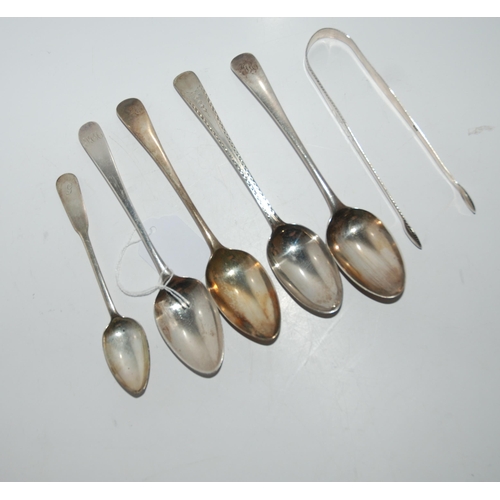 765 - Three silver dessert spoons and a pair of silver tongs by Hester Bateman various London marks, a sil... 