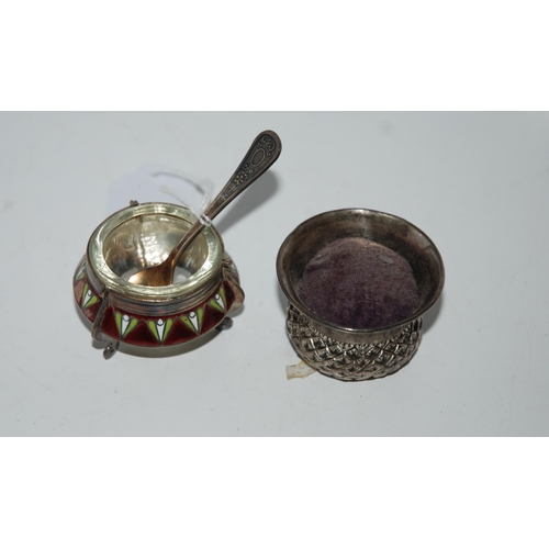 767 - A novelty silver pin cushion, a thistle head and a gilt-metal and enamel salt