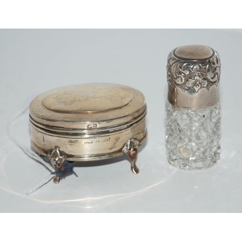 771 - A silver jewellery box, Birmingham 1901, 6cm wide and silver-topped scent bottle, Birmingham 1903, 6... 