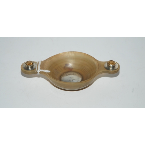 777 - A silver and citrine mounted horn quaich with central button initialled, SGUAB & ASI, Sheffield ... 