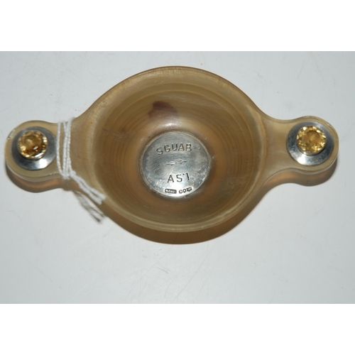 777 - A silver and citrine mounted horn quaich with central button initialled, SGUAB & ASI, Sheffield ... 