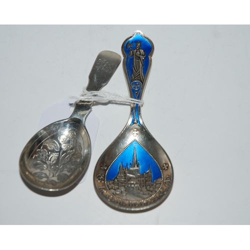 783 - Two silver caddy spoons, one with enamel decoration, marked 925, 10.5cm long, the other London 1803 ... 