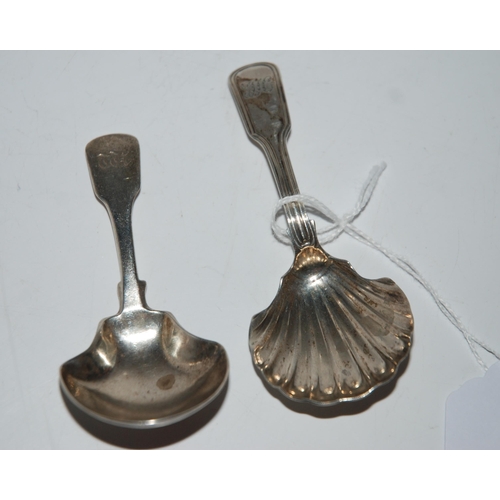 786 - Two silver caddy spoons one with shell shaped bowl, London 1815, monogrammed 