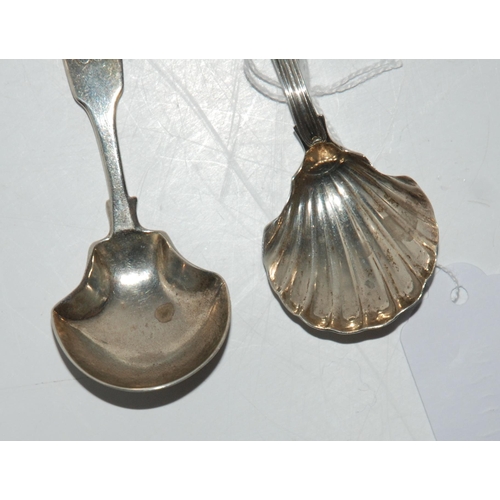 786 - Two silver caddy spoons one with shell shaped bowl, London 1815, monogrammed 