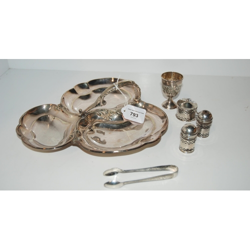 793 - A lot comprising an EP trefoil dish, a silver egg cup, silver condiments and EP tongs