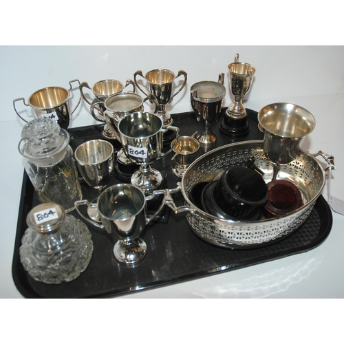 804 - A tray lot of EP, trophy cups, scent bottle etc 