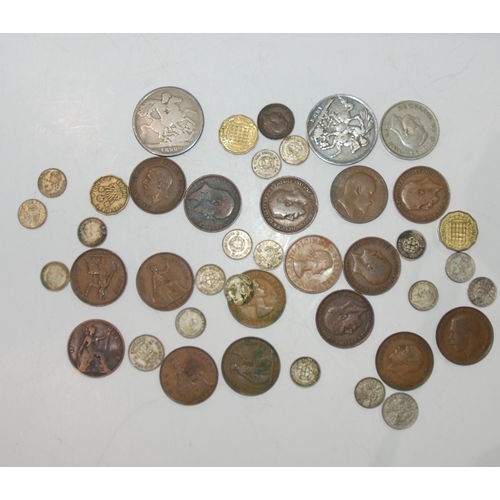 810 - A small collection of GB pre-decimal copper and sixpence coins with two Victorian crowns