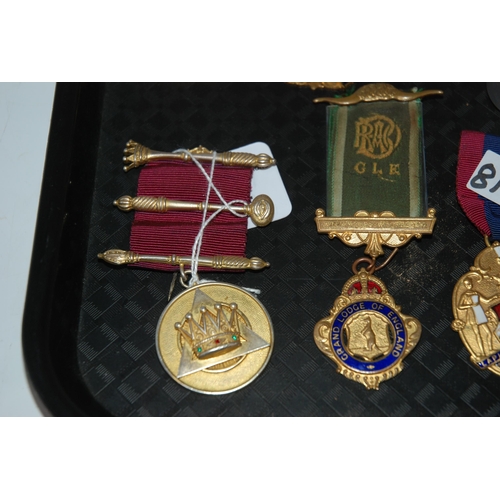 814 - A lot comprising one silver gilt Masonic medal, four gilt metal medals with a selection of small ena... 