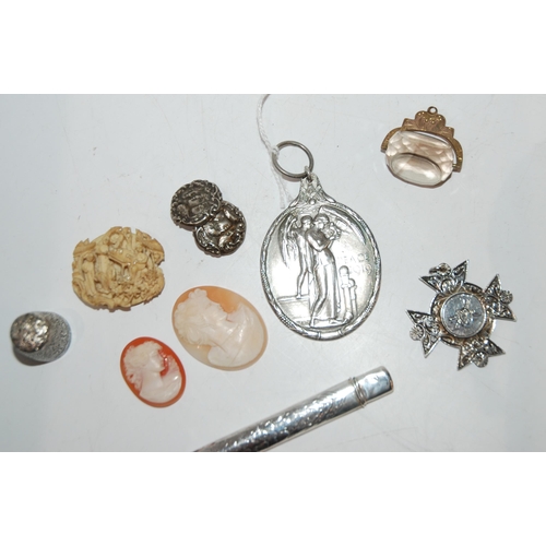 823 - A lot comprising a white metal Peace medal, a citrine set fob, two unframed cameos, a silver medal a... 