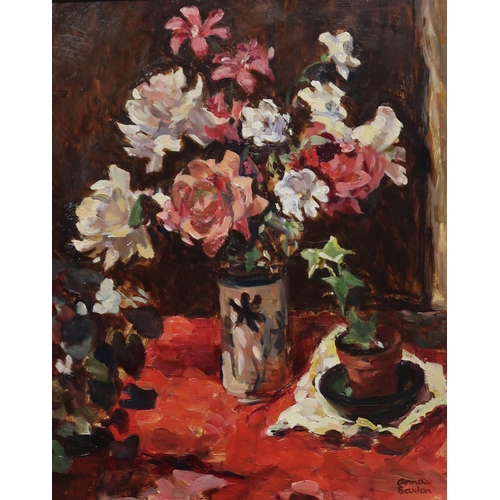 831 - ANNA SAXTON Roses, signed, oil on board, 50 x 40cm and another (2)