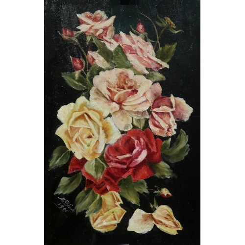 831 - ANNA SAXTON Roses, signed, oil on board, 50 x 40cm and another (2)