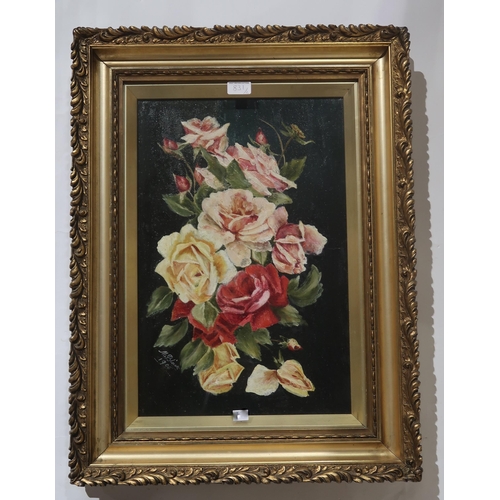 831 - ANNA SAXTON Roses, signed, oil on board, 50 x 40cm and another (2)