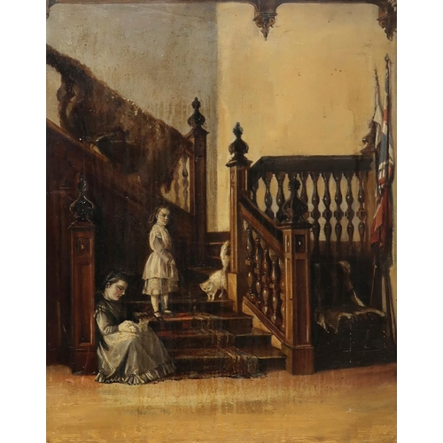 835 - BRITISH SCHOOL Children on a staircase, oil on canvas, 46 x 36cm