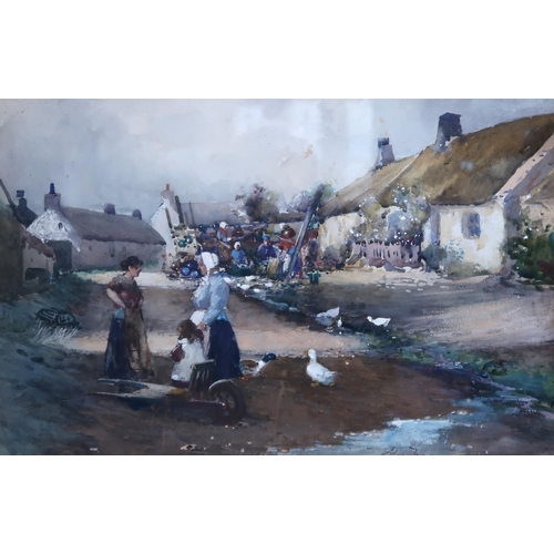 844 - ALEXANDER FRASER Farm steading with figures and poultry, signed, watercolour, 30 x 44cm... 