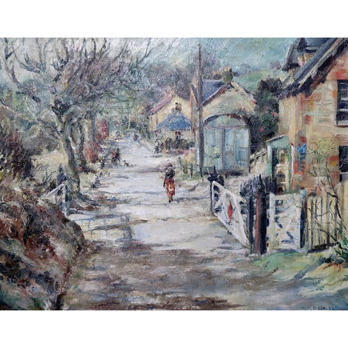 845 - W H GOURLEY Figures beside a row of cottages, signed, oil on canvas, 40 x 50cm