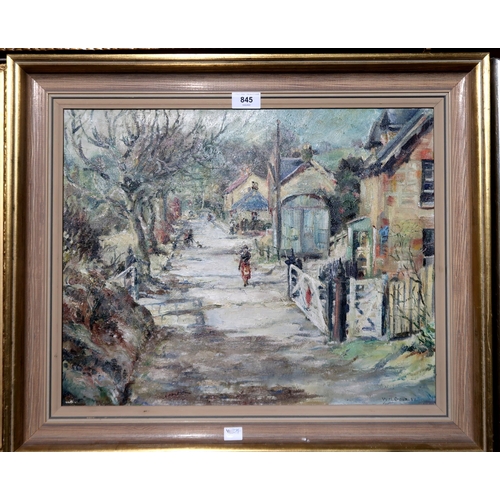 845 - W H GOURLEY Figures beside a row of cottages, signed, oil on canvas, 40 x 50cm