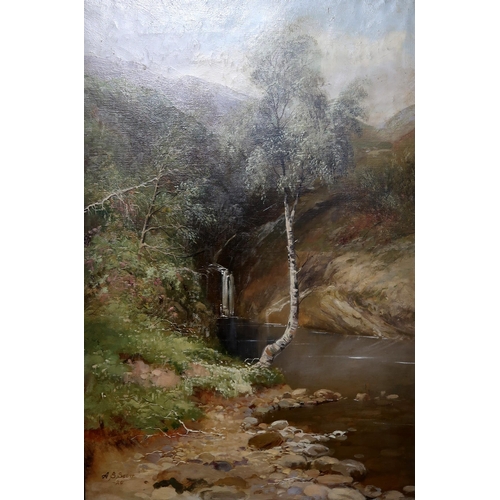 850 - A S SCOTT Waterfall and silver birches, signed, oil on canvas, 75 x 50cm