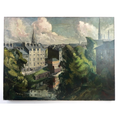 851 - SIR HARRY JEFFERSON BARNES Glasgow, West End and The  River Kelvin, 76 x 101cm