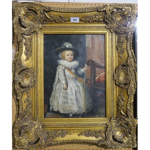 860 - 20TH CENTURY SCHOOL Noble child holding a golf club, oil on board, 40 x 29cm