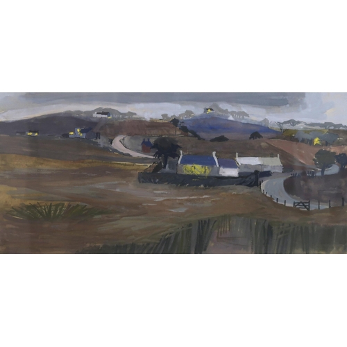 862 - IRENE HALLIDAY Country landscape, gouache, 18 x 37cm