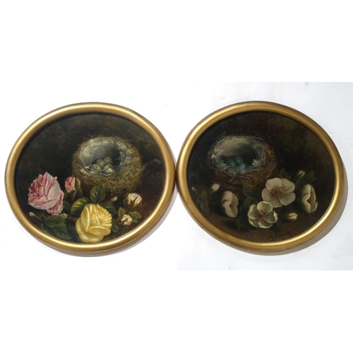 867 - M E Birds nest, eggs and flowers, signed, oil on board, 23cm diameter (2)