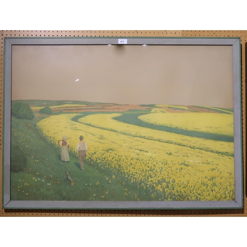 871 - BRITISH SCHOOL Fields of daffodils, lithograph, 69 x 98cm