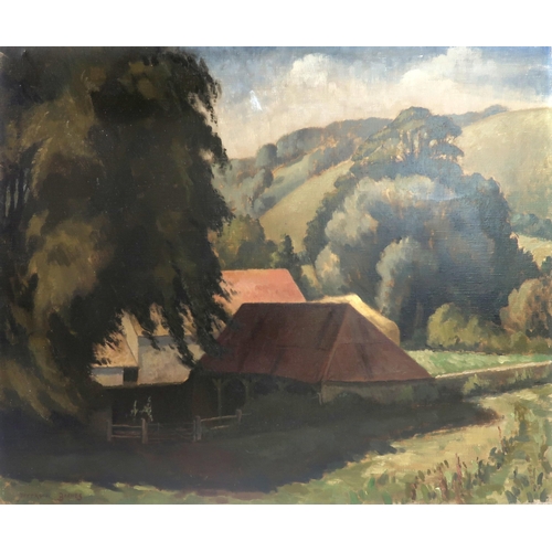 873 - SIR HARRY JEFFERSON BARNES Barn amongst trees, signed, oil on canvas, 64 x 77cm... 