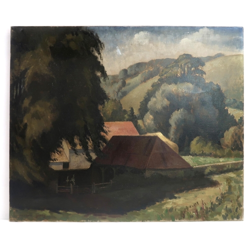 873 - SIR HARRY JEFFERSON BARNES Barn amongst trees, signed, oil on canvas, 64 x 77cm... 