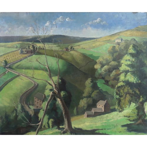 874 - SIR HARRY JEFFERSON BARNES Landscape, oil on canvas, verso stag portrait, 64 x 77cm