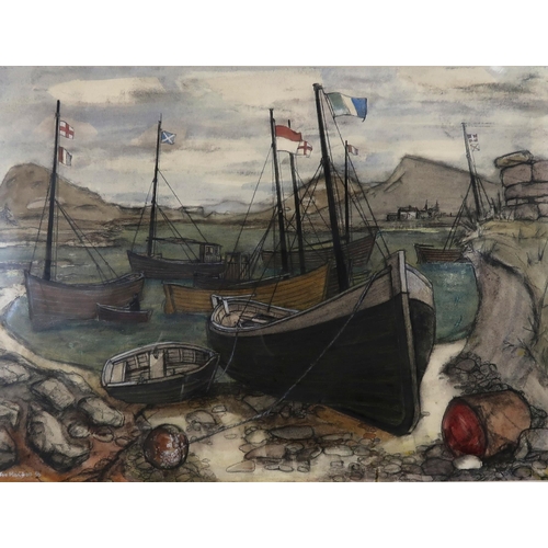 877 - JOE MAXWELL Fishing boats, Uist, signed, dated, (19)55 watercolour and pencil, 49 x 66cm and MAY BRO... 