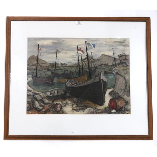 877 - JOE MAXWELL Fishing boats, Uist, signed, dated, (19)55 watercolour and pencil, 49 x 66cm and MAY BRO... 