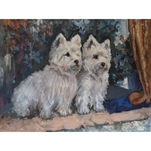 882 - DAVID STRATTON WATT Two West Highland terriers, signed, dated, (19)79, oil on board, 30 x 40cm... 