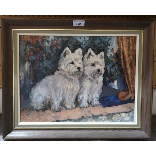 882 - DAVID STRATTON WATT Two West Highland terriers, signed, dated, (19)79, oil on board, 30 x 40cm... 