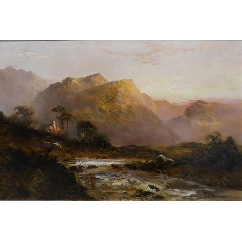 886 - F J JAMIESON Mountainous landscape with cottage beside a stream, signed, oil on canvas, 50 x 77... 