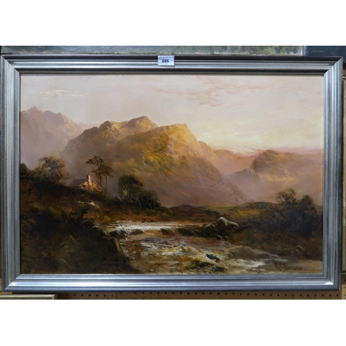 886 - F J JAMIESON Mountainous landscape with cottage beside a stream, signed, oil on canvas, 50 x 77... 