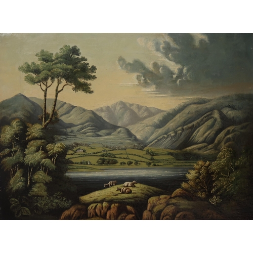 889 - PRIMITIVE SCHOOL Lakeland scene, oil on canvas, 43 x 58cm... 