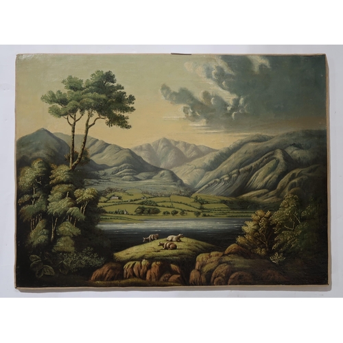 889 - PRIMITIVE SCHOOL Lakeland scene, oil on canvas, 43 x 58cm... 