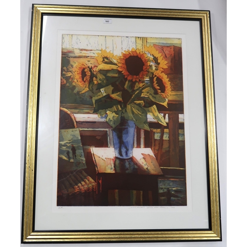 942 - MARCEL SCHELLEKENS (DUTCH CONTEMPORARY b.1954)STILL LIFE OF SUNFLOWERS IN A VASE IN A DOMESTIC ... 