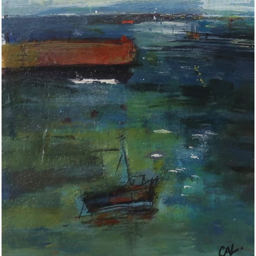 955 - CIARA LEWIS (IRISH CONTEMPORARY) BOATS IN THE SEAOil on paper, signed lower right, 17 x 17cm, t... 